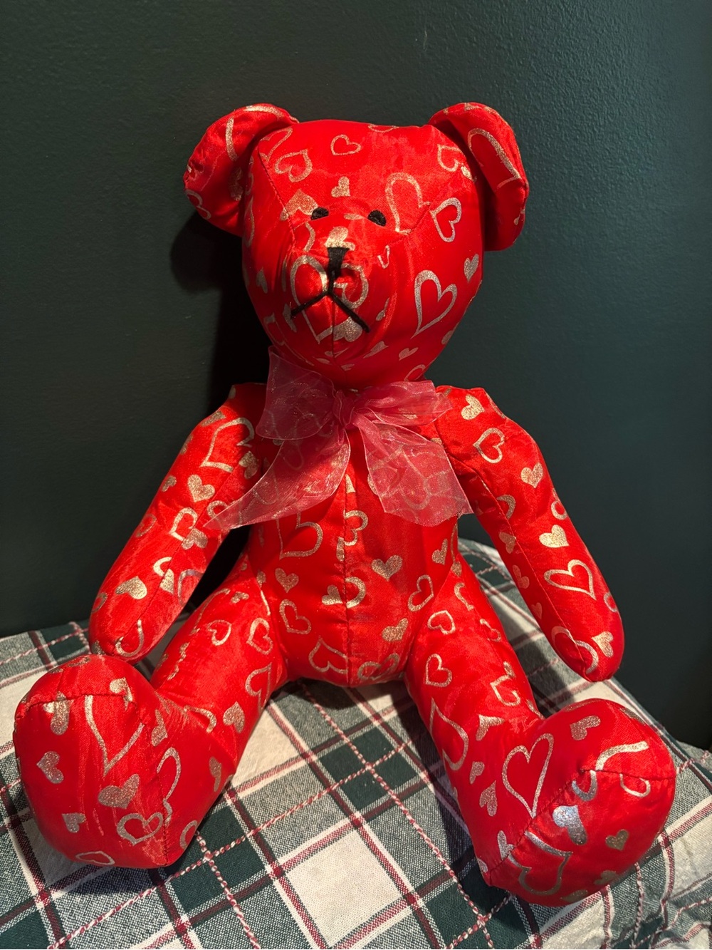 Vintage Sugar Loaf Red Heart Print Plush Teddy Bear with Sheer Bow